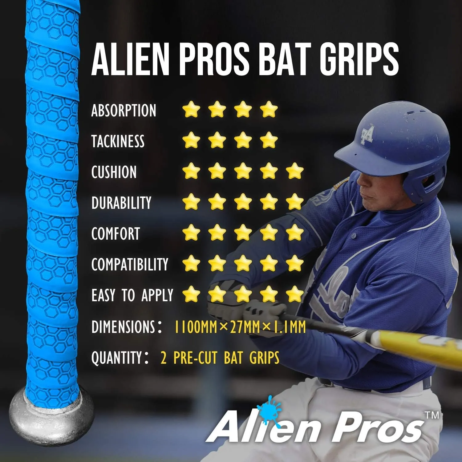ALIEN PROS Bat Grip Tape for Baseball 1.1 MM (2 Pack) - Precut and Pro Quality Bat Tape - Wrap Your Bat for an Epic Home Run - Replacement for Old Baseball bat Grip
