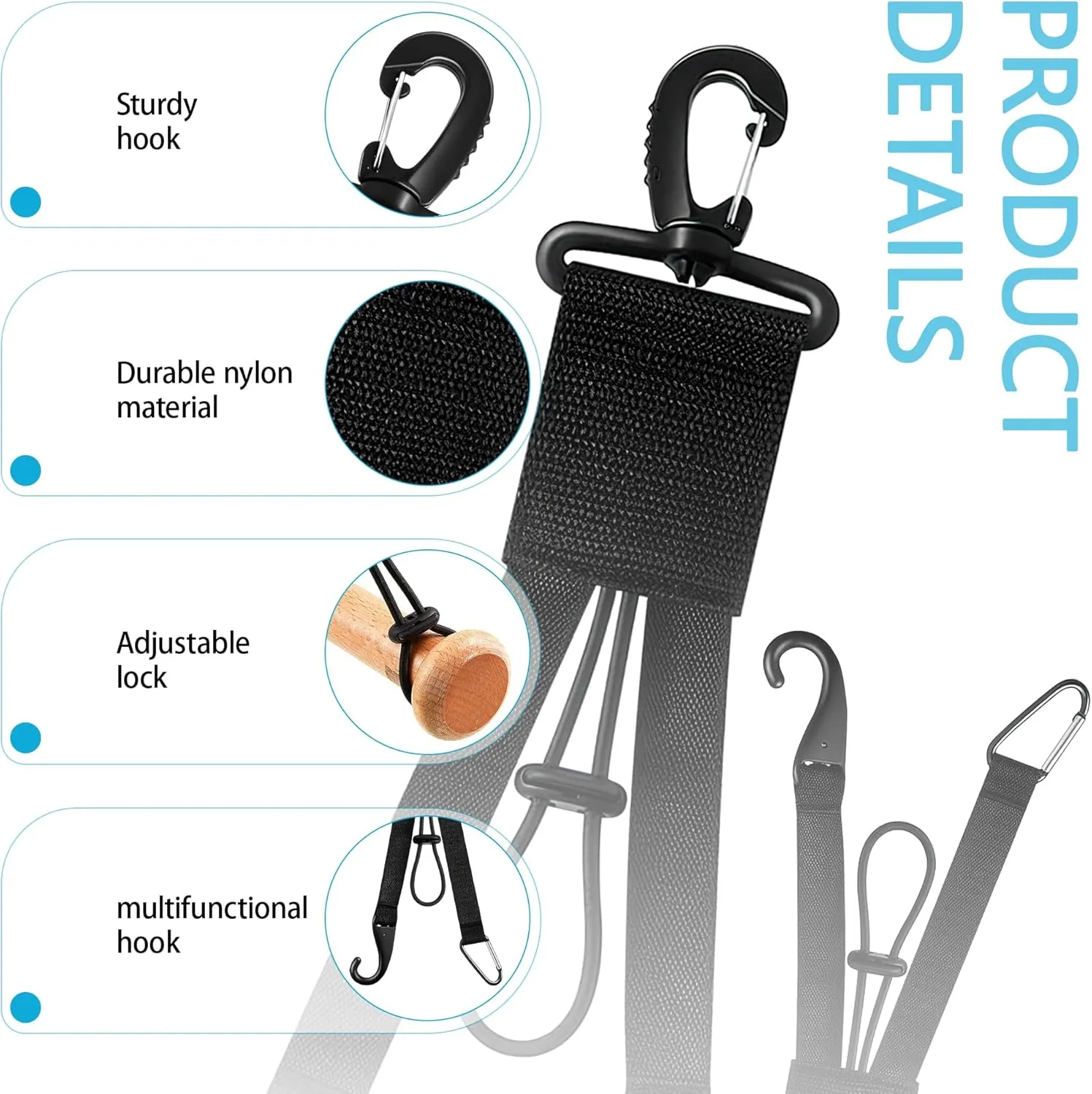 Baseball 3 in 1 Multifunctional Hook, Baseball & Softball Gear Hanger with Bat Holder, Glove Clip, Helmet Hook, Water Bottle Holder (4 Pcs)