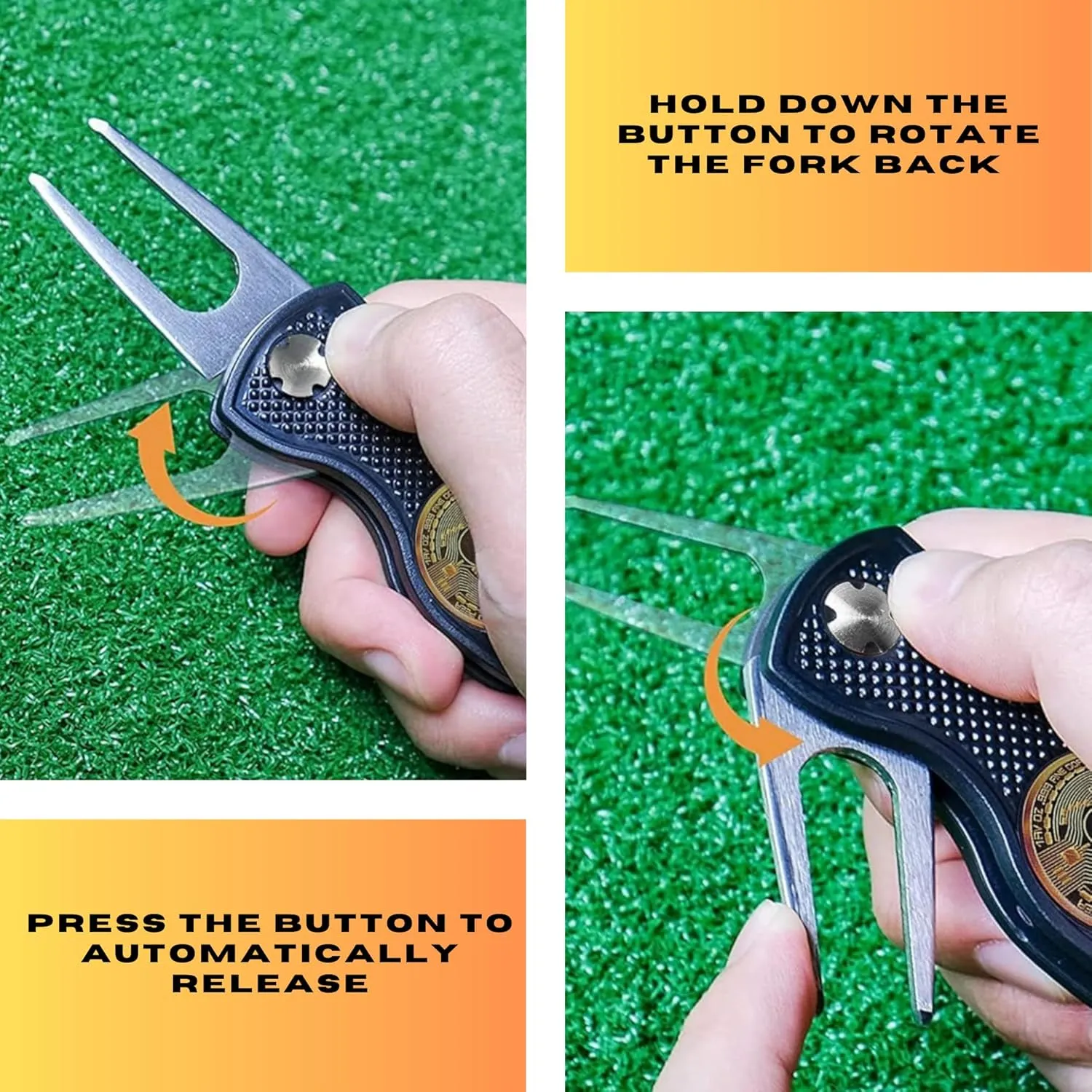 Bitcoin Golf Divot Repair Tool, All-Metal Golf Accessories - 3- in-1 Golf Multitool (Divot Tool, Ball Marker, Club Holder) | Foldable with with Pop-up Button & Magnetic Ball Marker