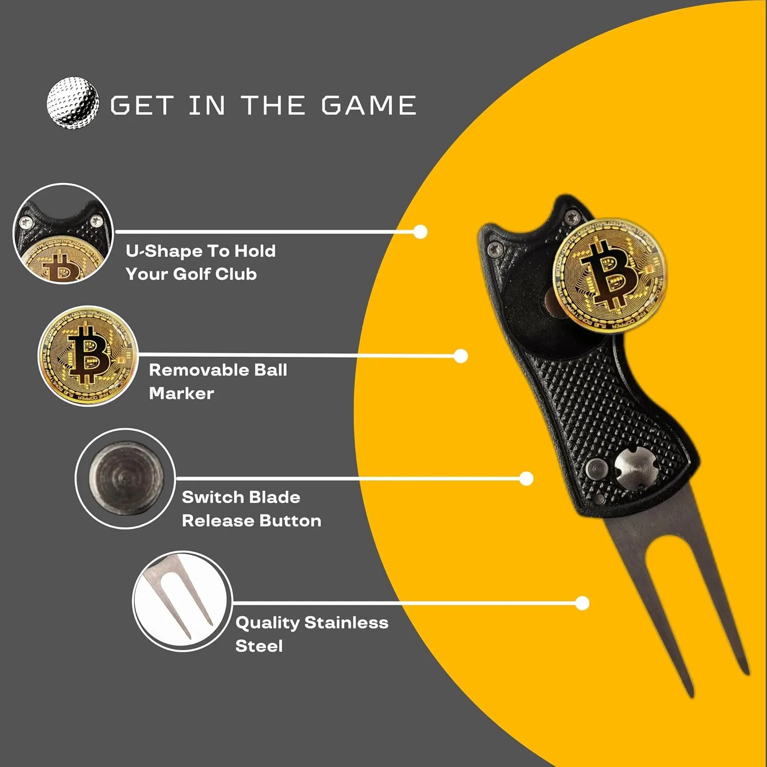 Bitcoin Golf Divot Repair Tool, All-Metal Golf Accessories - 3- in-1 Golf Multitool (Divot Tool, Ball Marker, Club Holder) | Foldable with with Pop-up Button & Magnetic Ball Marker