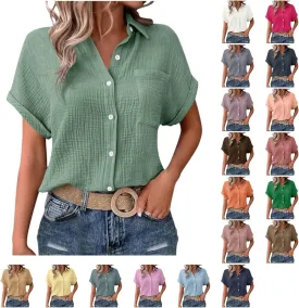 Button Down Shirts for Women Short Sleeve Shirt 2025 Summer Wrinkled V Neck T Shirt Tops Home Beach Blouse with Pocket
