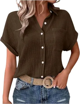 Button Down Shirts for Women Short Sleeve Shirt 2025 Summer Wrinkled V Neck T Shirt Tops Home Beach Blouse with Pocket