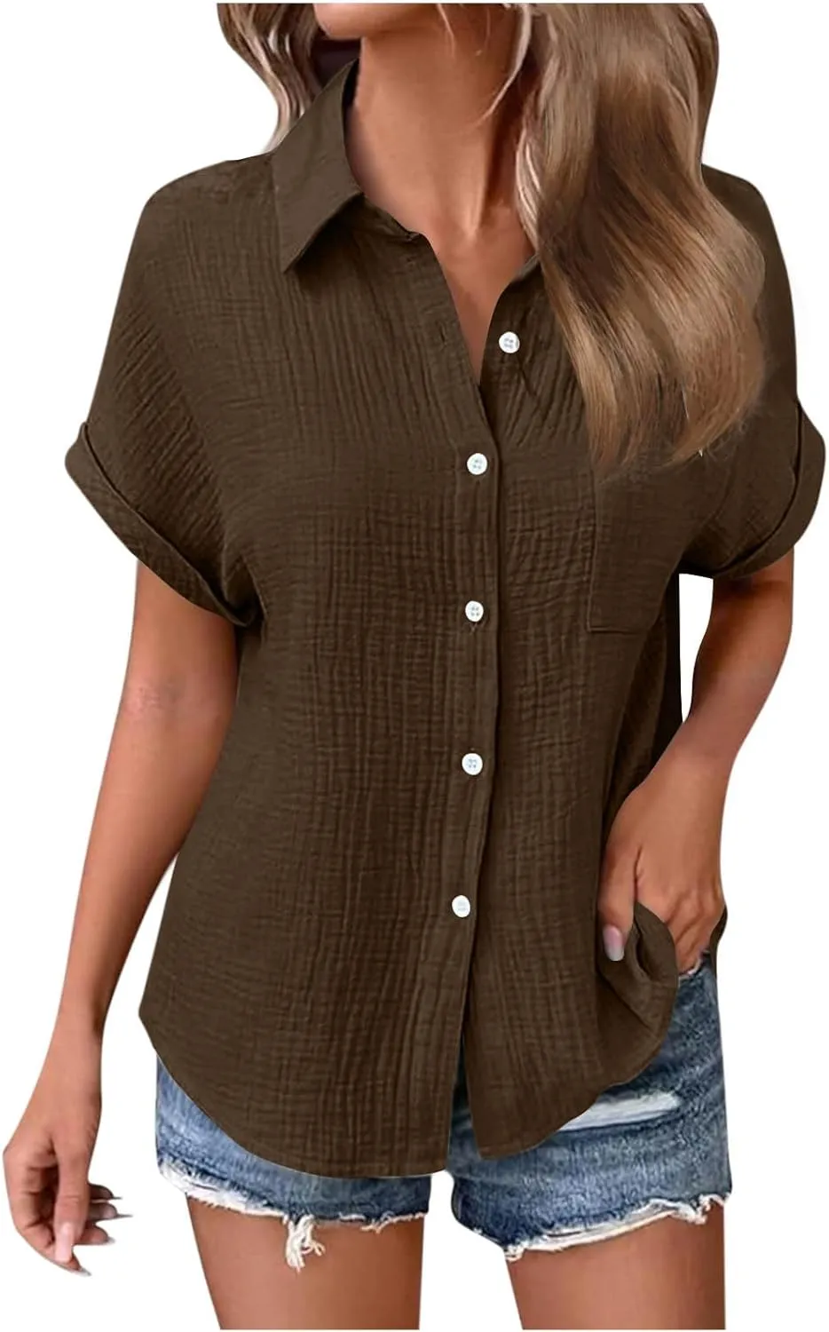 Button Down Shirts for Women Short Sleeve Shirt 2025 Summer Wrinkled V Neck T Shirt Tops Home Beach Blouse with Pocket