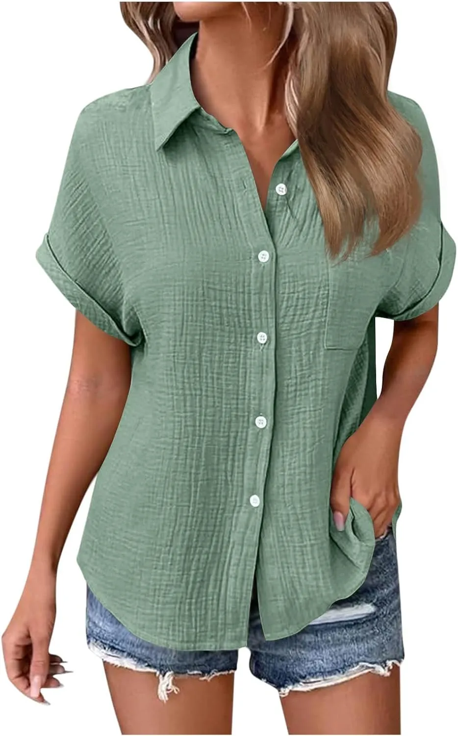 Button Down Shirts for Women Short Sleeve Shirt 2025 Summer Wrinkled V Neck T Shirt Tops Home Beach Blouse with Pocket