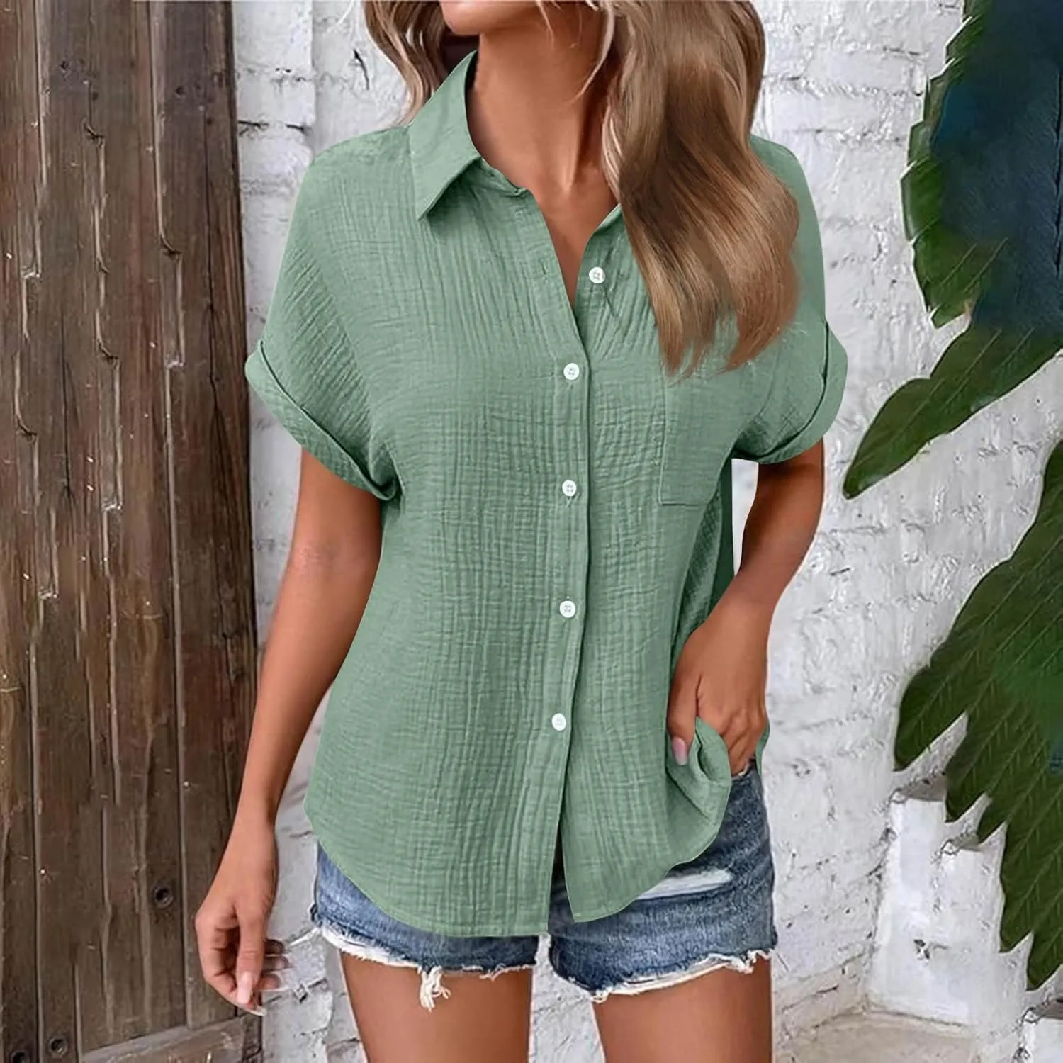 Button Down Shirts for Women Short Sleeve Shirt 2025 Summer Wrinkled V Neck T Shirt Tops Home Beach Blouse with Pocket