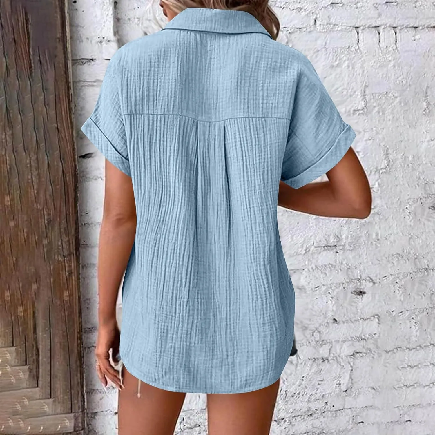 Button Down Shirts for Women Short Sleeve Shirt 2025 Summer Wrinkled V Neck T Shirt Tops Home Beach Blouse with Pocket