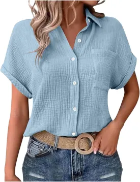 Button Down Shirts for Women Short Sleeve Shirt 2025 Summer Wrinkled V Neck T Shirt Tops Home Beach Blouse with Pocket