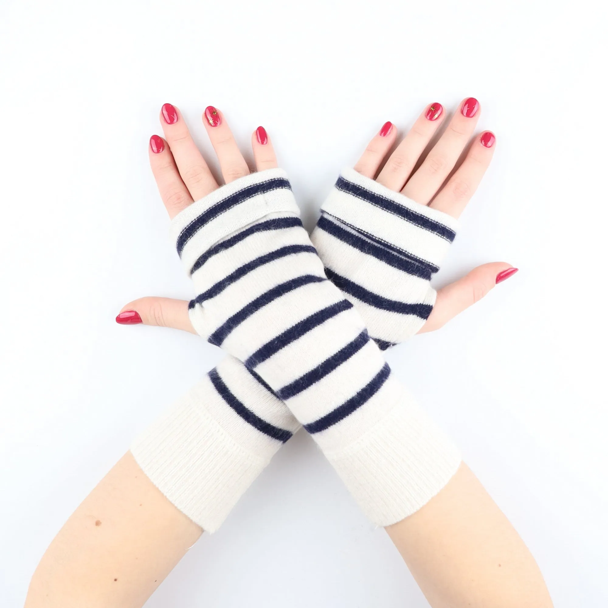 Cream and Navy Stripe Fingerless Gloves