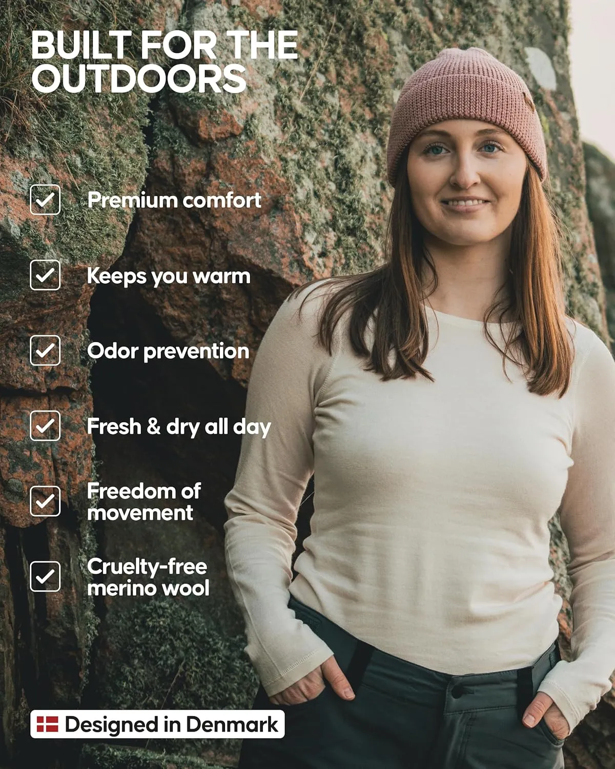 DANISH ENDURANCE Merino Wool Long Sleeve for Women, Thermal Vests for Women, Base Layer Underwear Tops, Winter Thermals