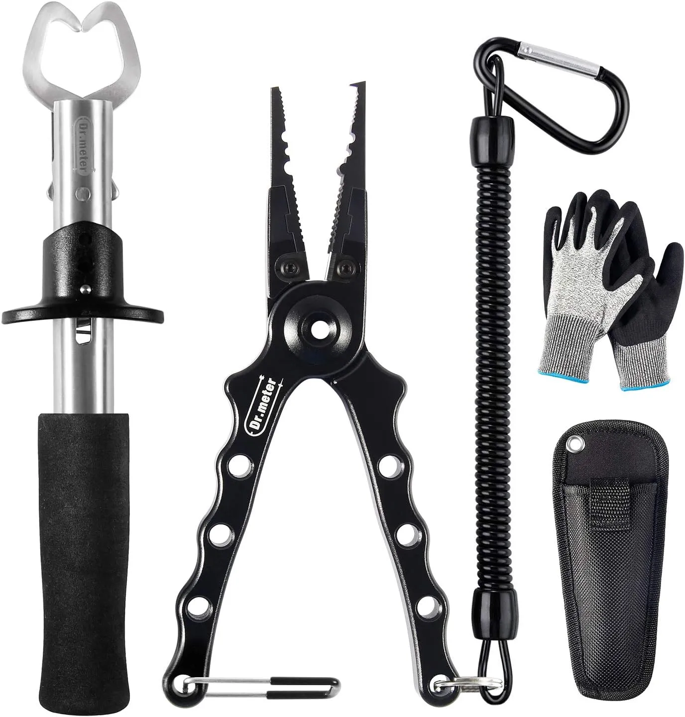 Dr.meter Aluminum Fishing Pliers, Saltwater Resistant Fishing Gear, Tungsten Carbide Cutters Split Ring Pliers Hook Remover Fish Holder with Fishing Gripper and Fishing Gloves, Fishing Gifts for Men
