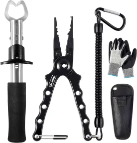 Dr.meter Aluminum Fishing Pliers, Saltwater Resistant Fishing Gear, Tungsten Carbide Cutters Split Ring Pliers Hook Remover Fish Holder with Fishing Gripper and Fishing Gloves, Fishing Gifts for Men