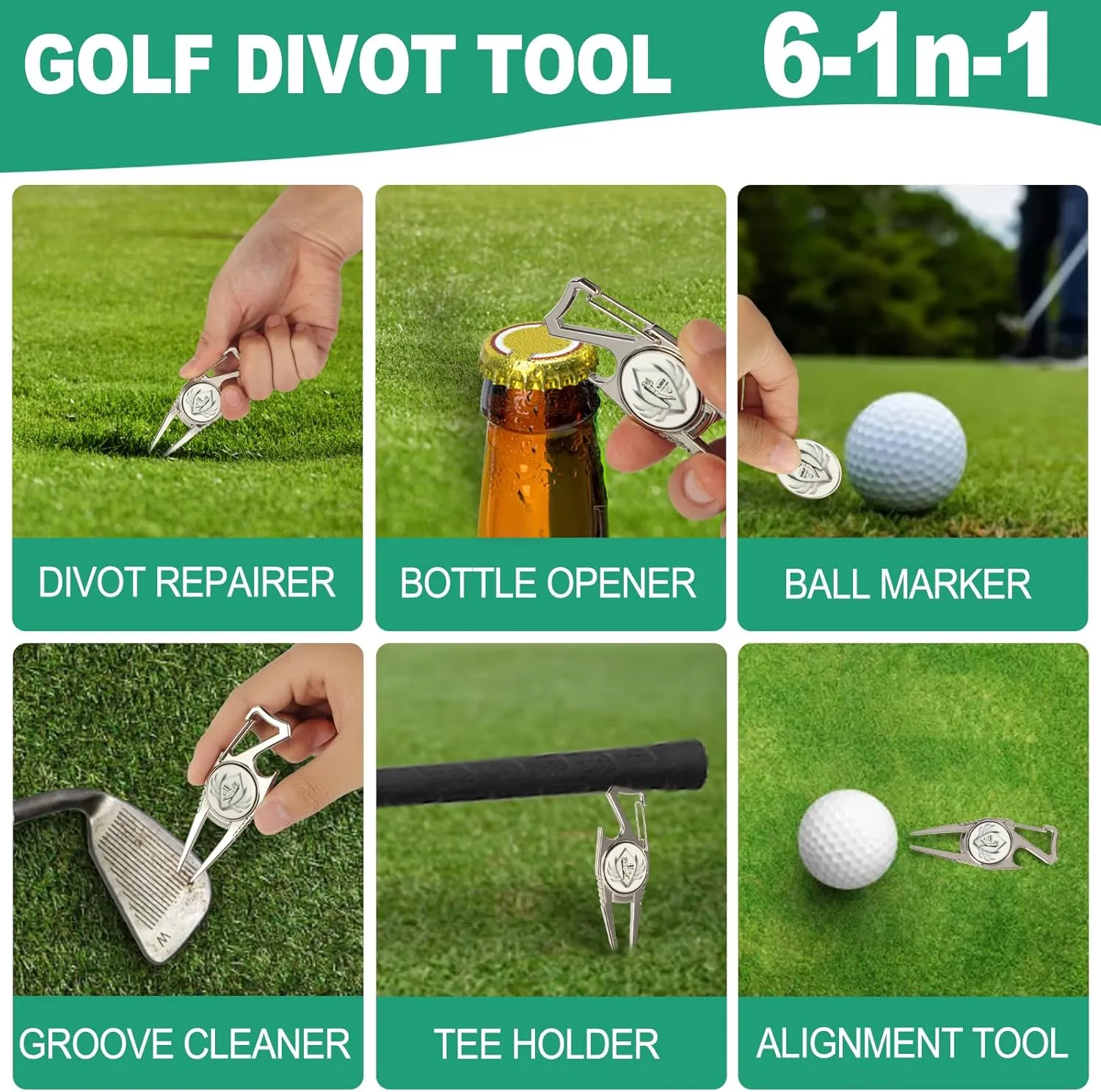Golf Divot Tool 6 in 1 - Golf Divot Repair Tool and Ball Marker, Club Holder Golf Gifts for Men Accessories for Women