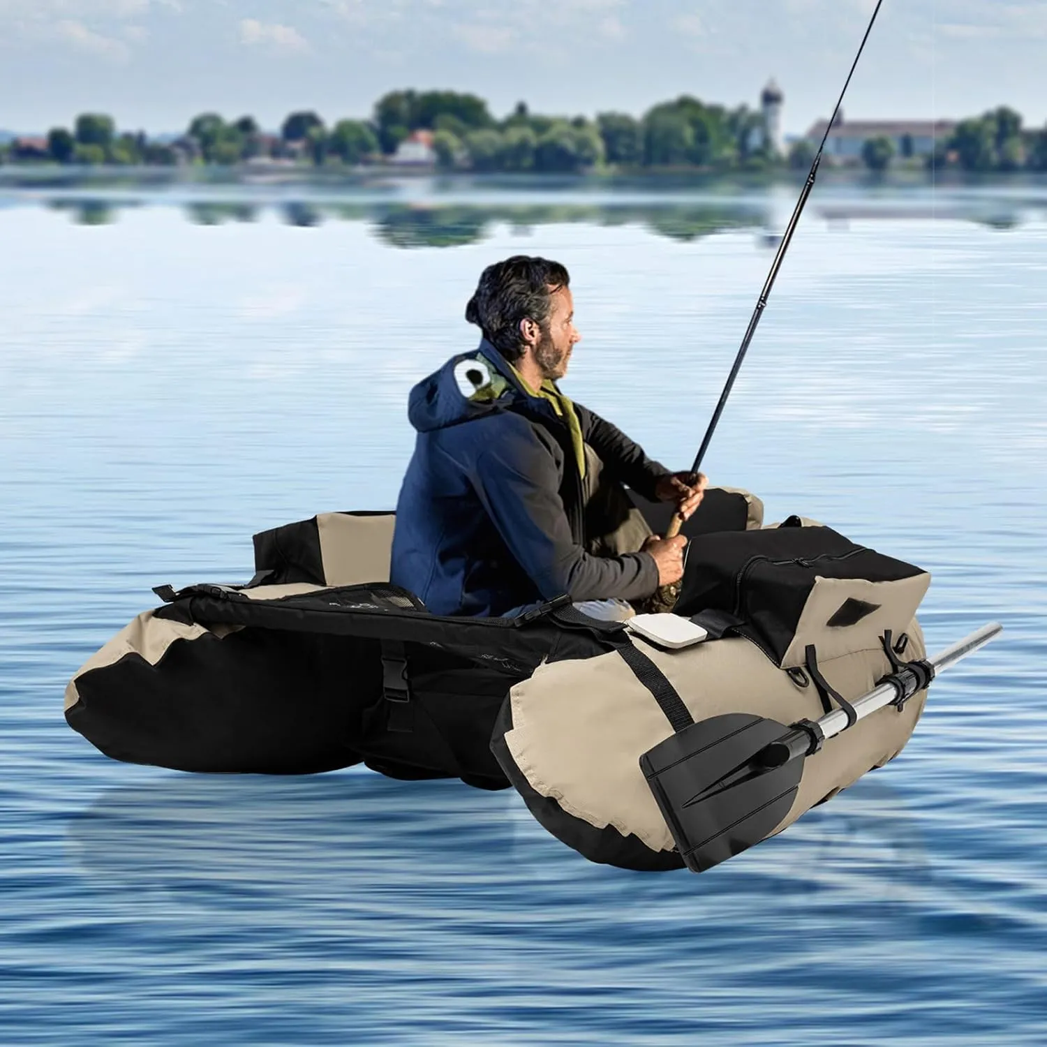 Inflatable Fishing Boat with 90-180 Adjustable Backrest, 286.6lbs Load Capacity, Hand Pump, and Storage Pockets, Ideal for Outdoor Fishing, Rafting, and Exploring