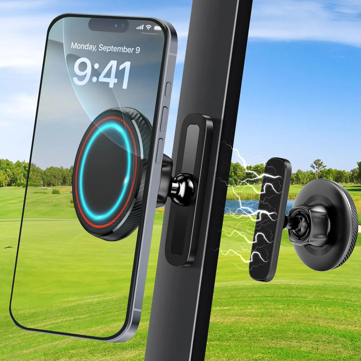 Magnetic Golf Cart Phone Holder - Golf Cart Phone Mount for EZGO, Club Car, Compatible with MagSafe iPhone 16 15 14 13 12 Series Mini, Strong N52 Magnets for Any Iron Metal Surface