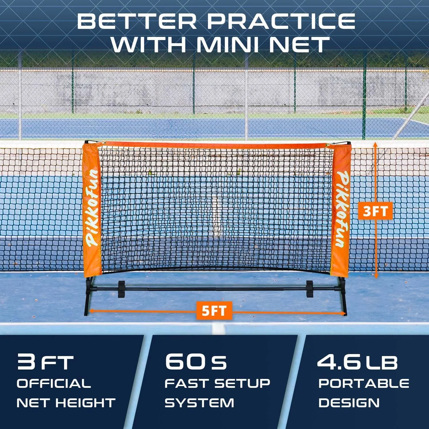 Mini Pickleball Net 5 ft - Pickleball Dink Net for Training for Indoor and Outdoor, Regulation Height 3 ft., Quick Set Up Design, Lightweight and Durable