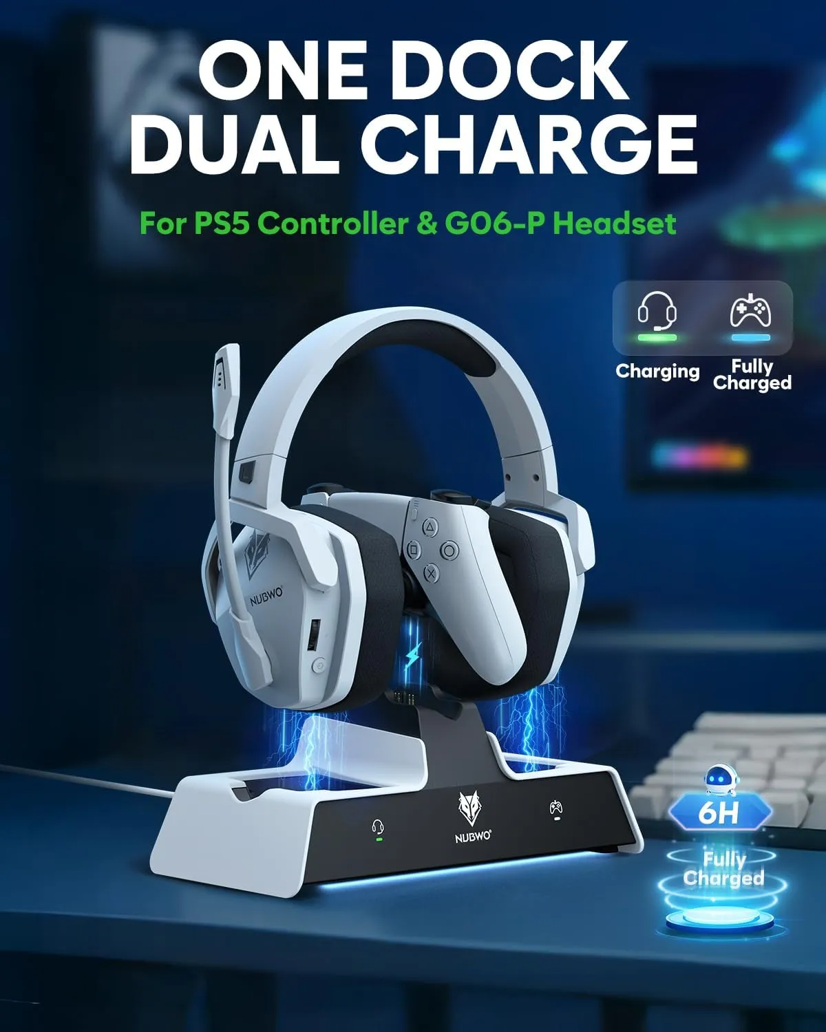 NUBWO G06 Pro Wireless Gaming Headset with Charging Station for Headset & PS5 Controller, 17ms Low Latency, 120H Battery Life, Dynamic 50mm Drivers-White (NOT Compatible with Xbox)