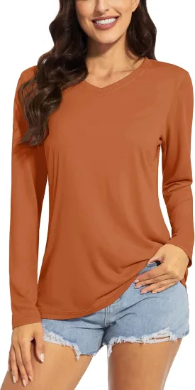 TACVASEN Women's Long Sleeve V Neck Workout Tops UPF 50  Sun Protection Quick Dry Lightweight Hiking Running T-Shirts