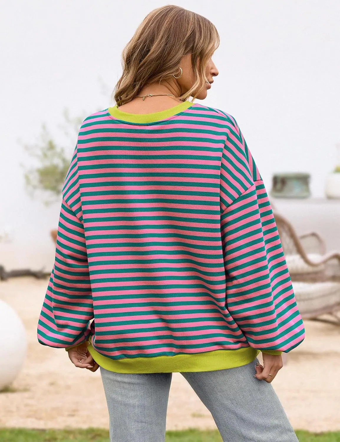 TARSE Oversized Crewneck Sweatshirt for Women Dropped Shoulders Striped Shirt Plain Pullover Ladies Loose Long Sleeve Tops