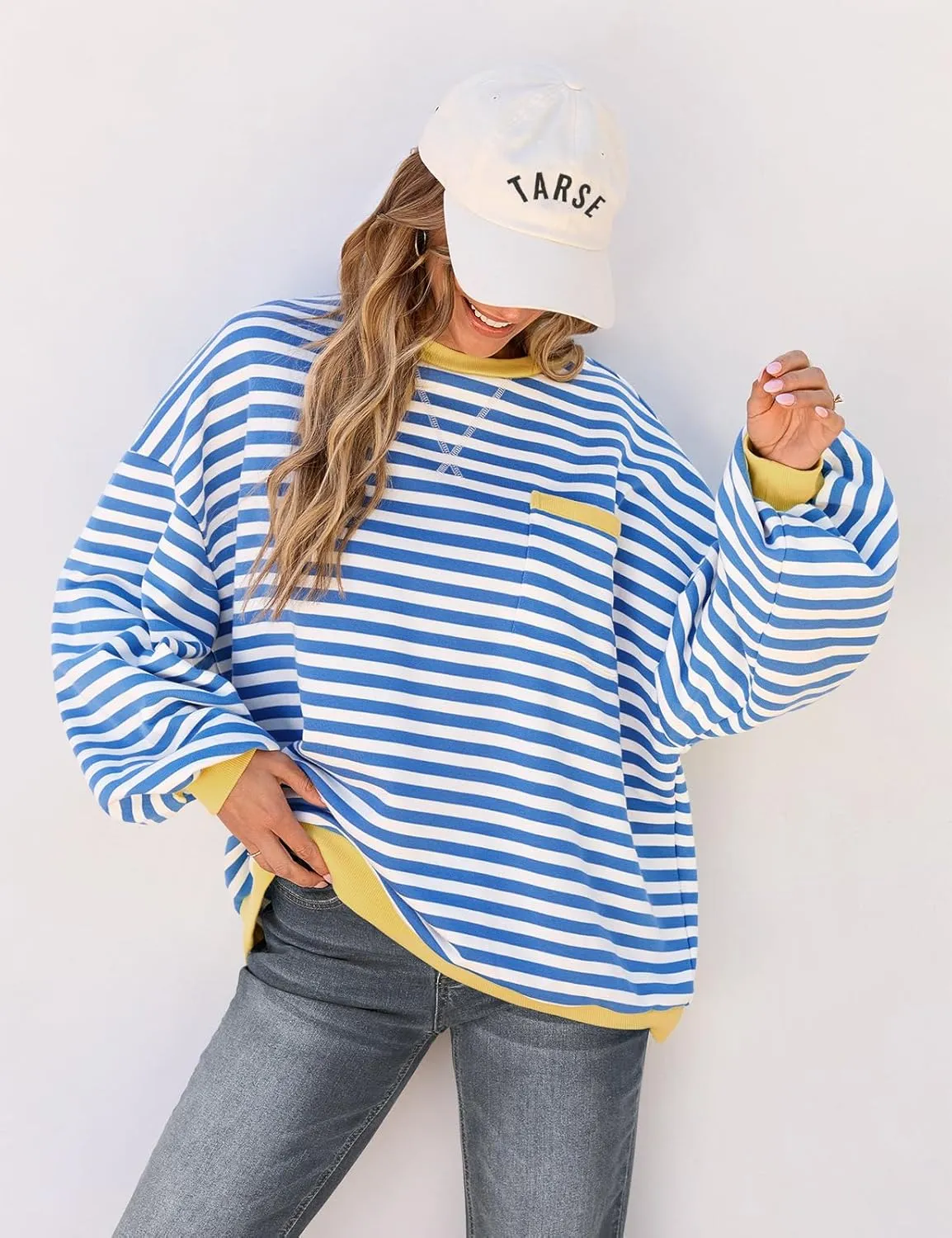 TARSE Oversized Crewneck Sweatshirt for Women Dropped Shoulders Striped Shirt Plain Pullover Ladies Loose Long Sleeve Tops