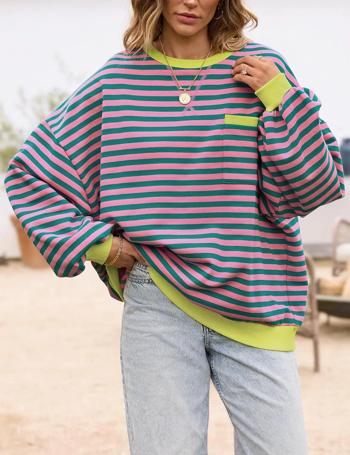 TARSE Oversized Crewneck Sweatshirt for Women Dropped Shoulders Striped Shirt Plain Pullover Ladies Loose Long Sleeve Tops