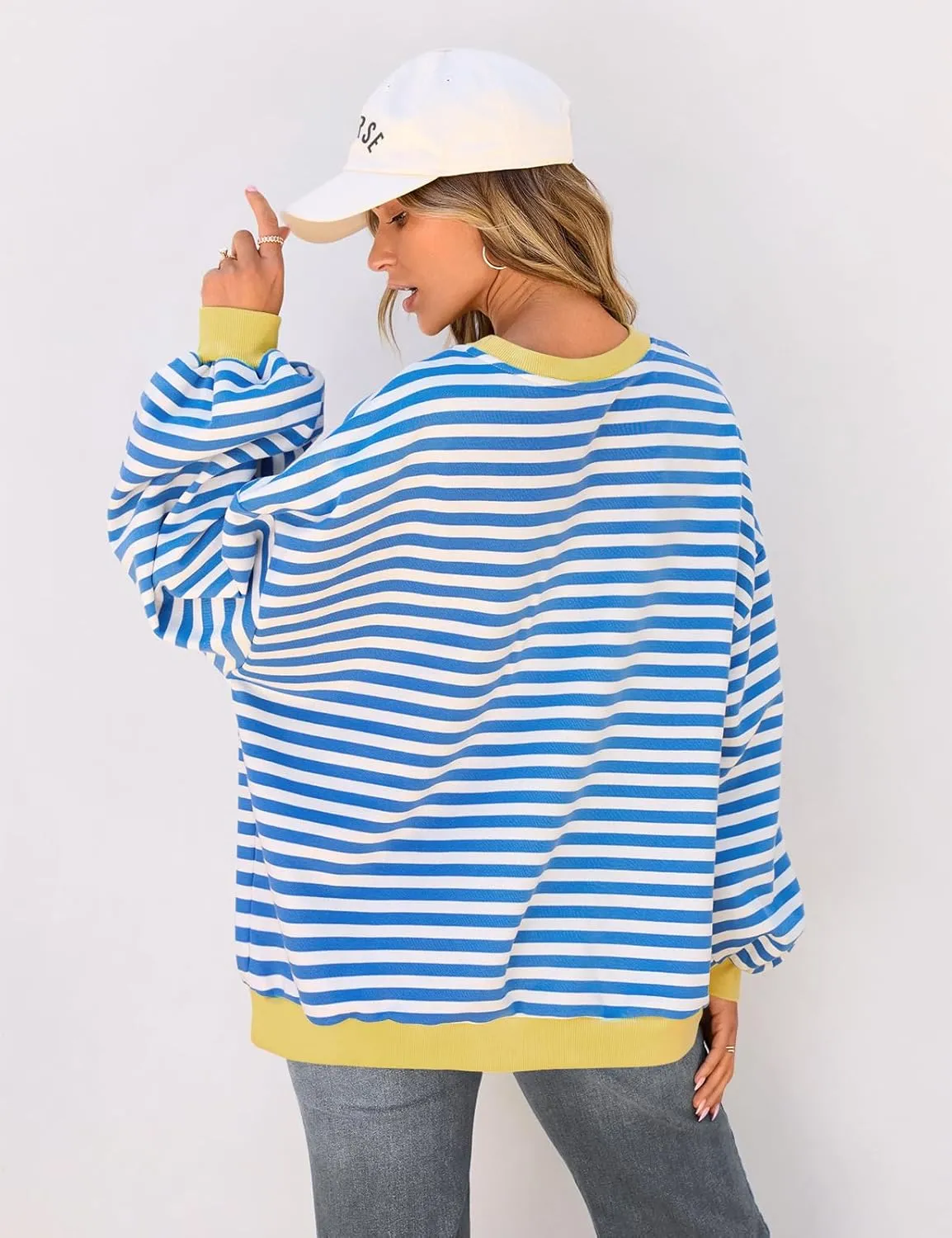 TARSE Oversized Crewneck Sweatshirt for Women Dropped Shoulders Striped Shirt Plain Pullover Ladies Loose Long Sleeve Tops