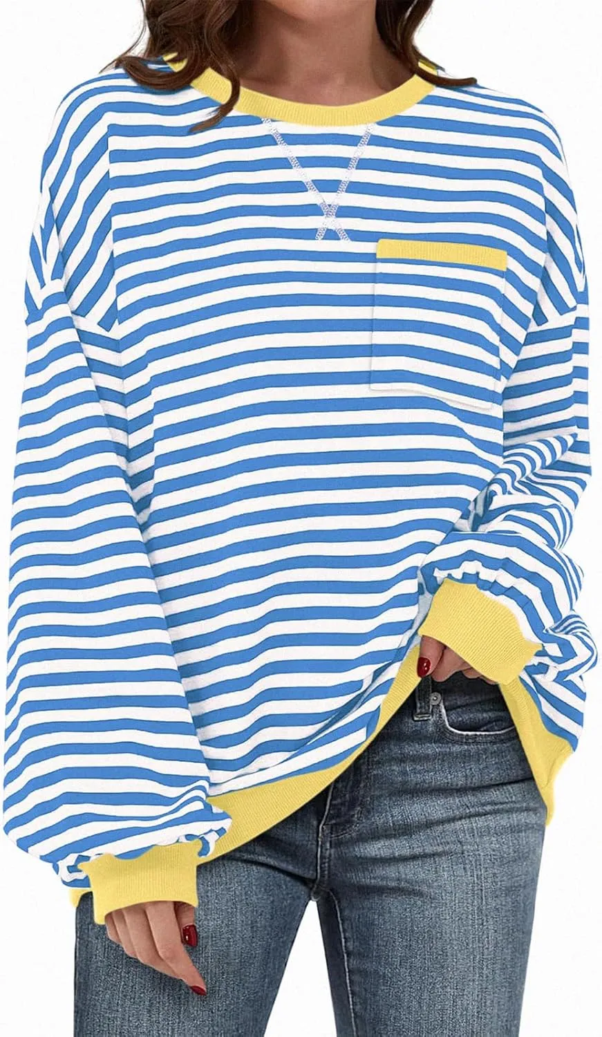 TARSE Oversized Crewneck Sweatshirt for Women Dropped Shoulders Striped Shirt Plain Pullover Ladies Loose Long Sleeve Tops