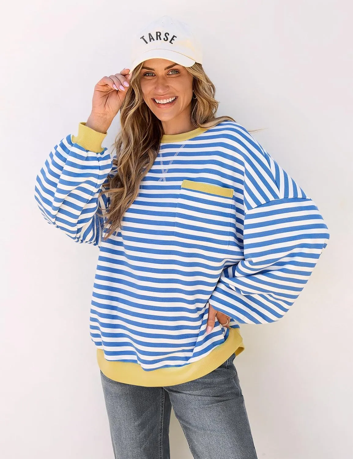 TARSE Oversized Crewneck Sweatshirt for Women Dropped Shoulders Striped Shirt Plain Pullover Ladies Loose Long Sleeve Tops