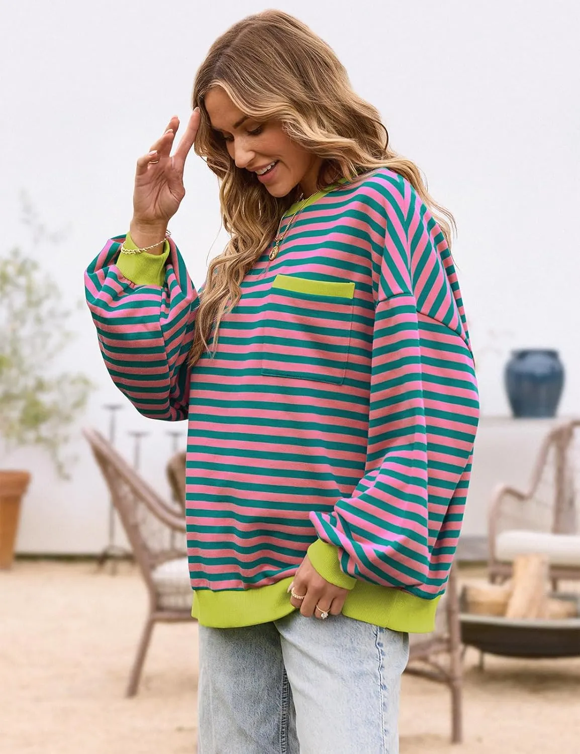 TARSE Oversized Crewneck Sweatshirt for Women Dropped Shoulders Striped Shirt Plain Pullover Ladies Loose Long Sleeve Tops