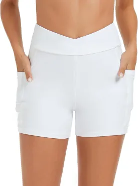 Tournesol Women's 4" Swim Shorts High Waisted Swimsuit Bottoms Cross Waist Bathing Suit Swimwear Boy Shorts with Pocket